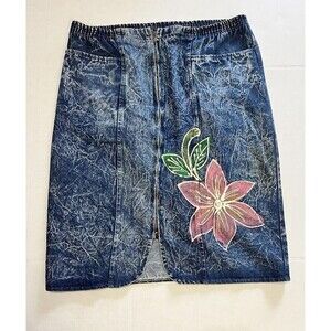 VTG Handpainted Womens Denim Skirt Size 20 Blue Acid Wash Floral Stretch USA